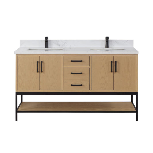 Wildy 60" Double Bathroom Vanity Set in Washed Oak with Grain White Engineered Stone Countertop without Mirror