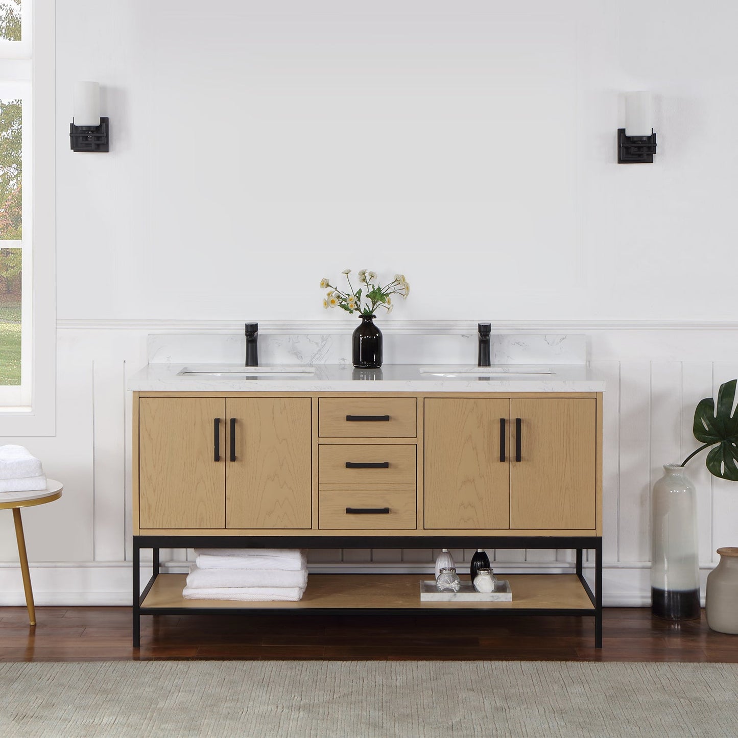 Wildy 60" Double Bathroom Vanity Set in Washed Oak with Grain White Engineered Stone Countertop without Mirror
