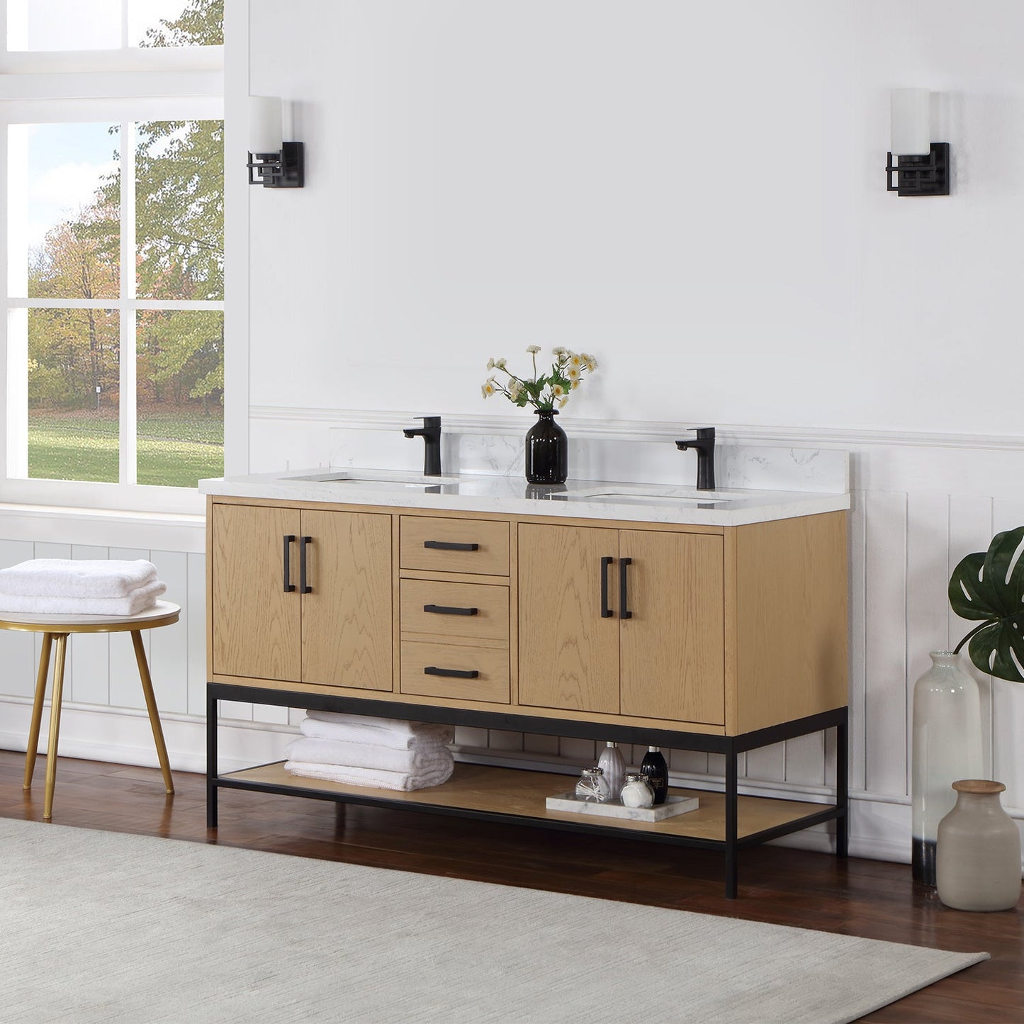 Wildy 60" Double Bathroom Vanity Set in Washed Oak with Grain White Engineered Stone Countertop without Mirror