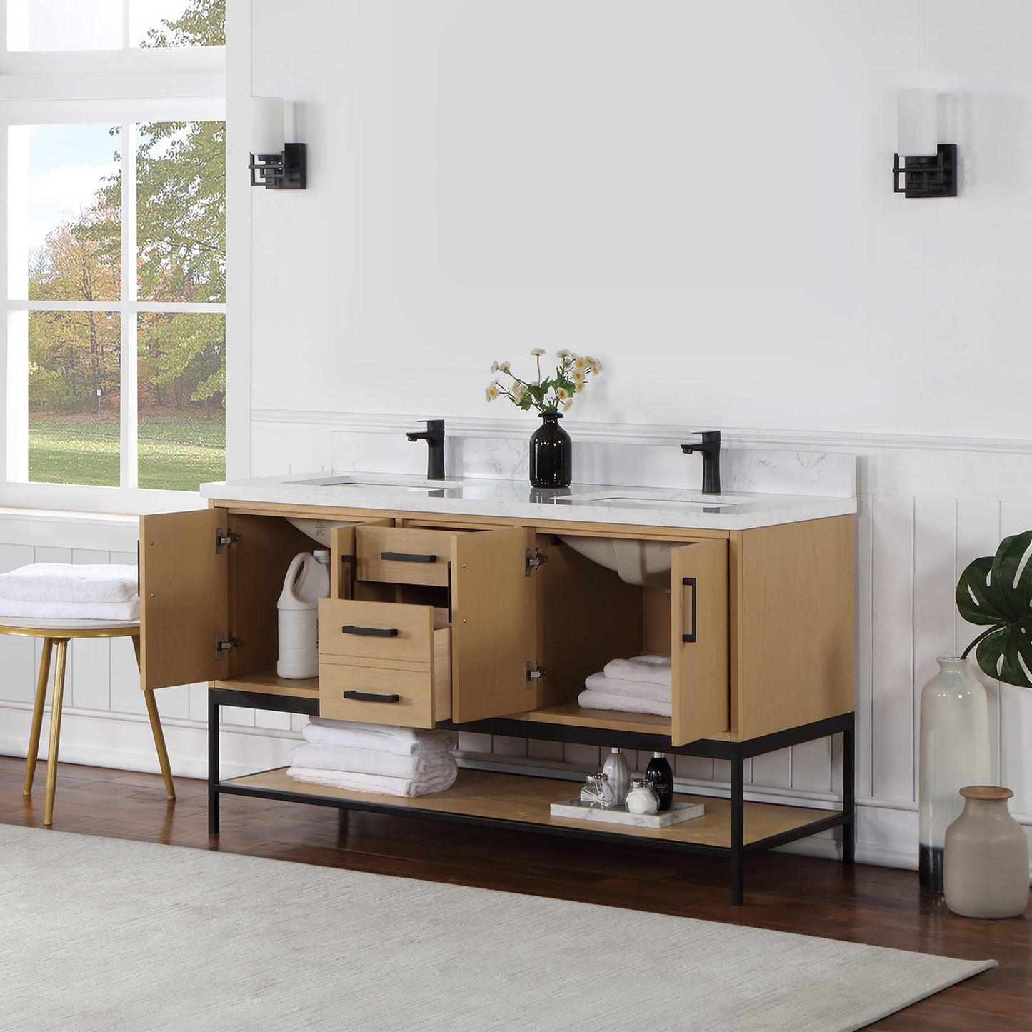 Wildy 60" Double Bathroom Vanity Set in Washed Oak with Grain White Engineered Stone Countertop without Mirror