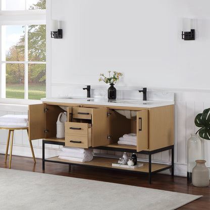 Wildy 60" Double Bathroom Vanity Set in Washed Oak with Grain White Engineered Stone Countertop without Mirror