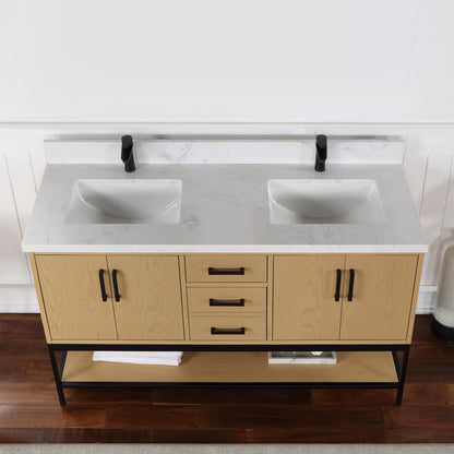 Wildy 60" Double Bathroom Vanity Set in Washed Oak with Grain White Engineered Stone Countertop without Mirror