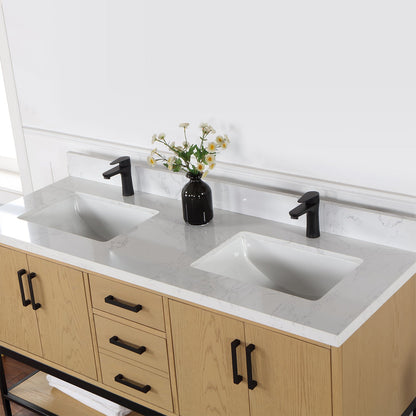 Wildy 60" Double Bathroom Vanity Set in Washed Oak with Grain White Engineered Stone Countertop without Mirror