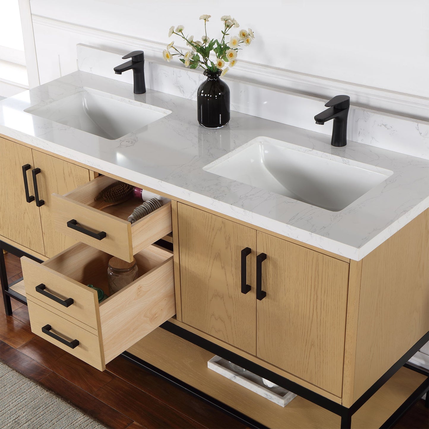 Wildy 60" Double Bathroom Vanity Set in Washed Oak with Grain White Engineered Stone Countertop without Mirror