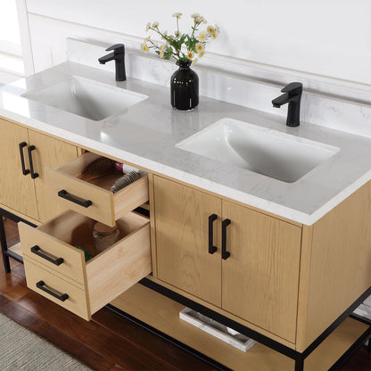 Wildy 60" Double Bathroom Vanity Set in Washed Oak with Grain White Engineered Stone Countertop without Mirror