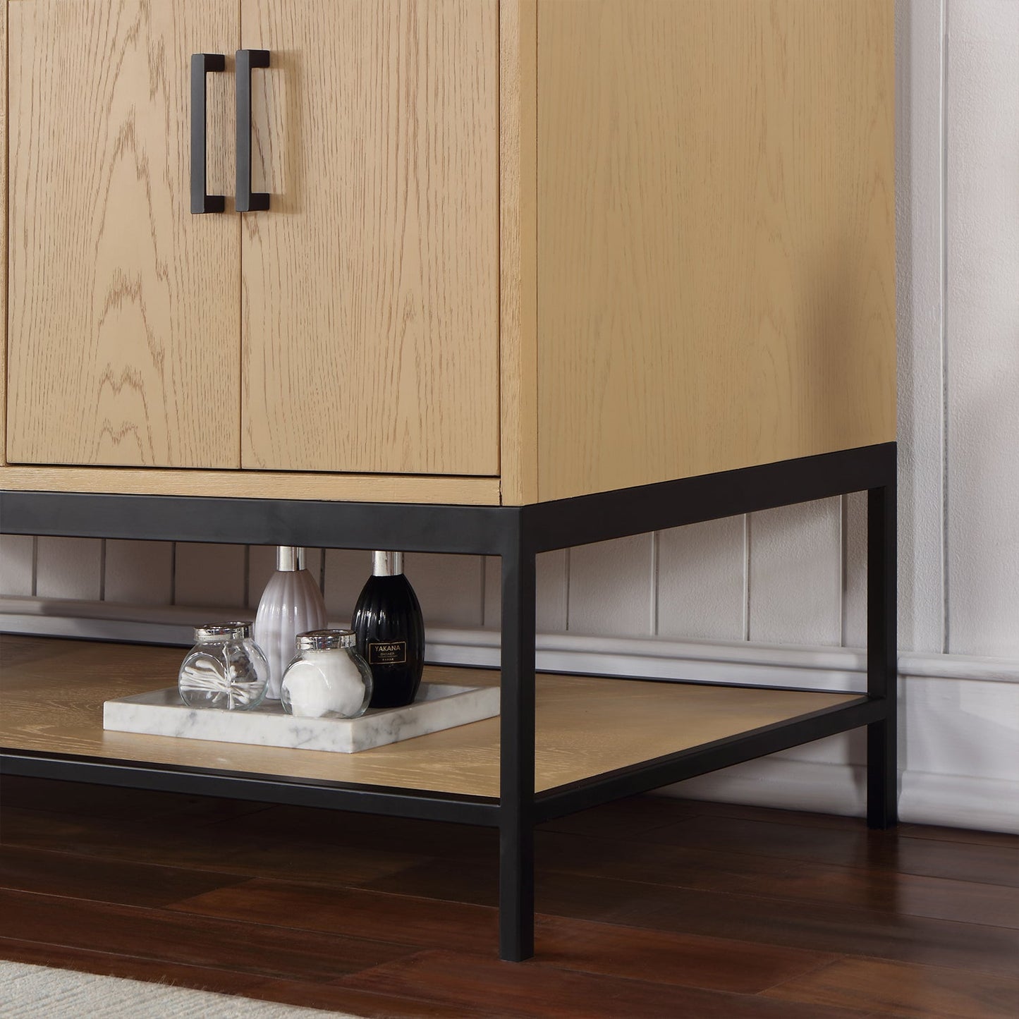 Wildy 60" Double Bathroom Vanity Set in Washed Oak with Grain White Engineered Stone Countertop without Mirror