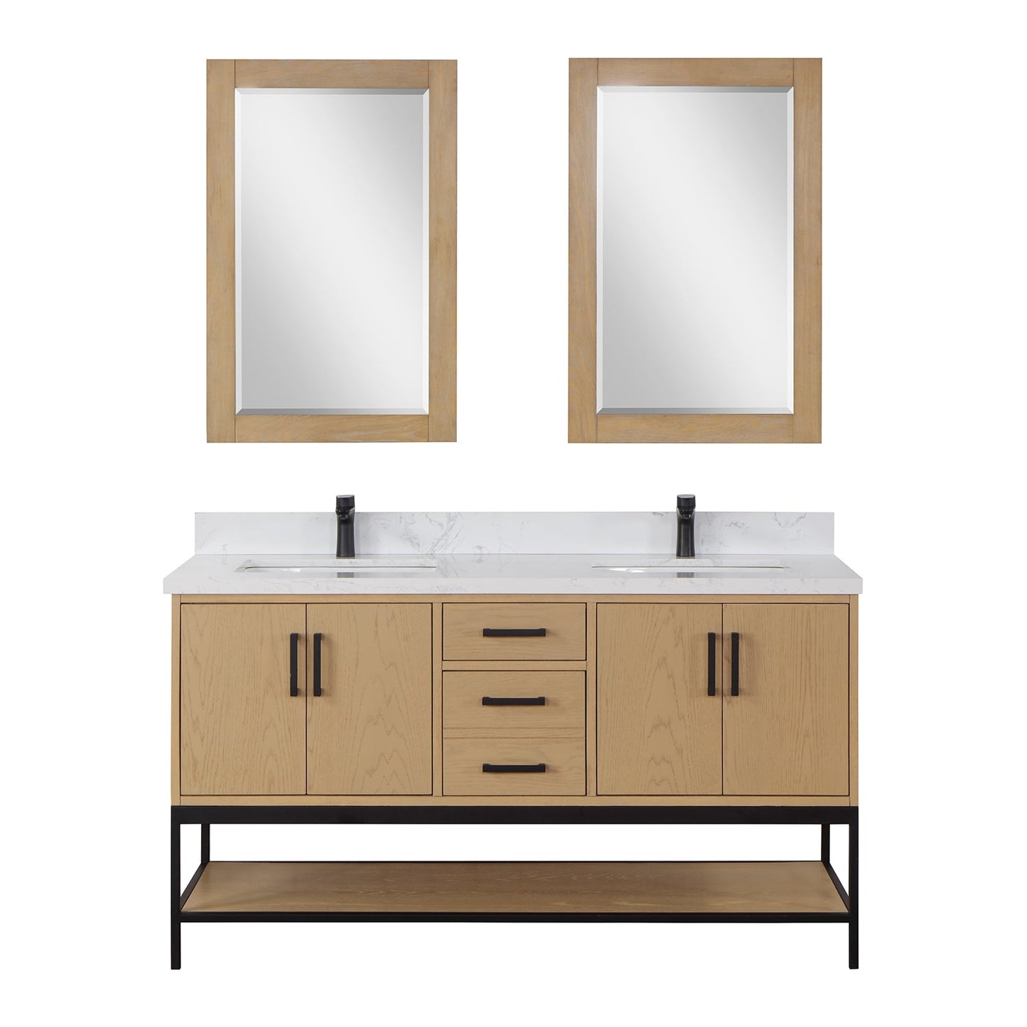 Wildy 60" Double Bathroom Vanity Set in Washed Oak with Grain White Engineered Stone Countertop with Mirror