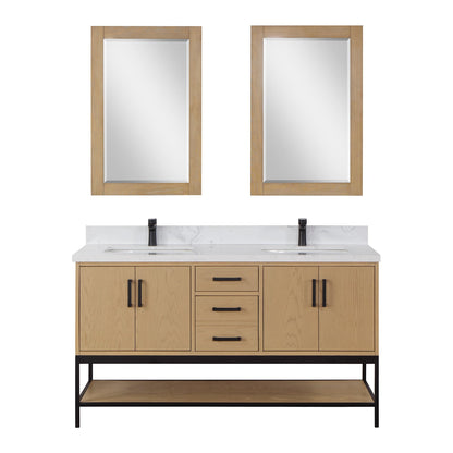 Wildy 60" Double Bathroom Vanity Set in Washed Oak with Grain White Engineered Stone Countertop with Mirror