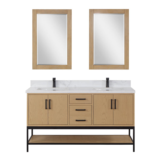 Wildy 60" Double Bathroom Vanity Set in Washed Oak with Grain White Engineered Stone Countertop with Mirror