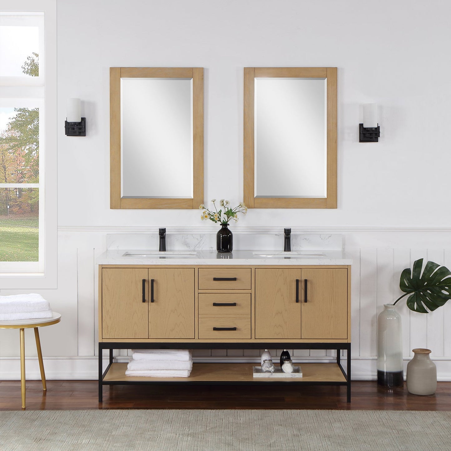 Wildy 60" Double Bathroom Vanity Set in Washed Oak with Grain White Engineered Stone Countertop with Mirror