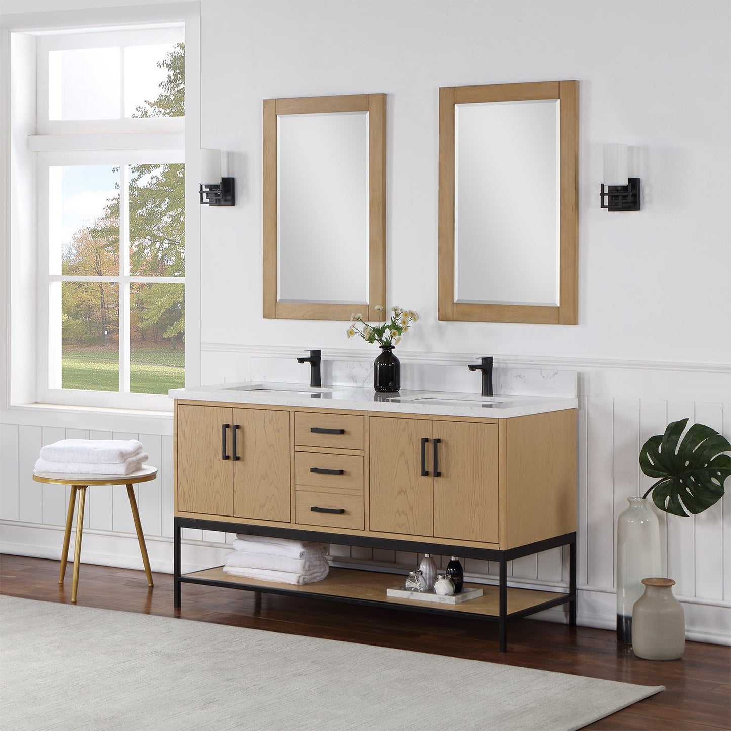 Wildy 60" Double Bathroom Vanity Set in Washed Oak with Grain White Engineered Stone Countertop with Mirror