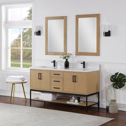 Wildy 60" Double Bathroom Vanity Set in Washed Oak with Grain White Engineered Stone Countertop with Mirror