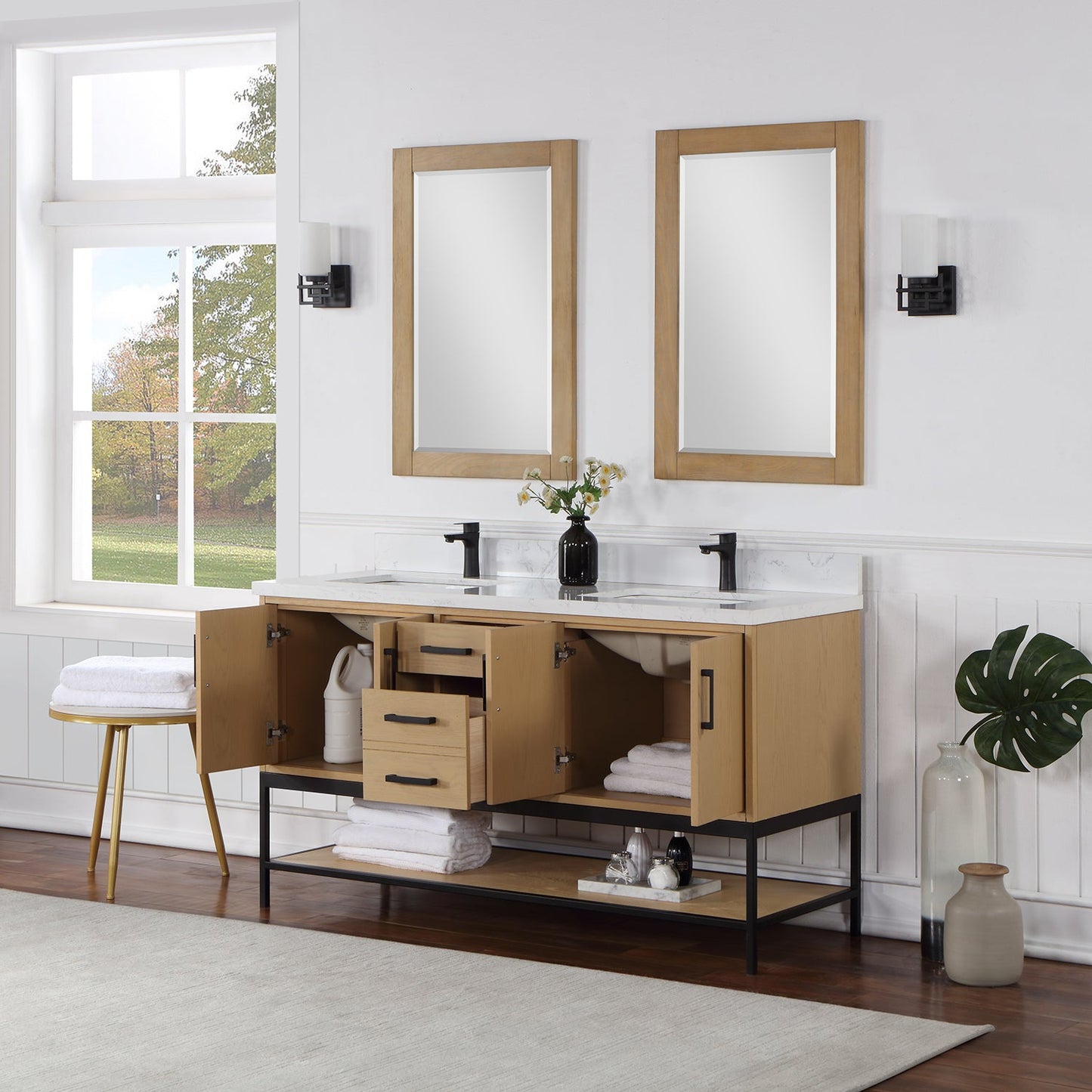 Wildy 60" Double Bathroom Vanity Set in Washed Oak with Grain White Engineered Stone Countertop with Mirror