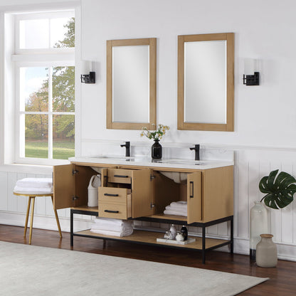 Wildy 60" Double Bathroom Vanity Set in Washed Oak with Grain White Engineered Stone Countertop with Mirror