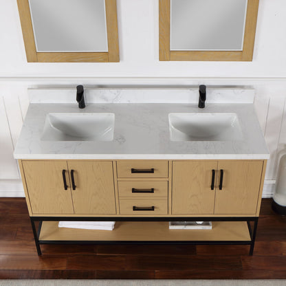 Wildy 60" Double Bathroom Vanity Set in Washed Oak with Grain White Engineered Stone Countertop with Mirror