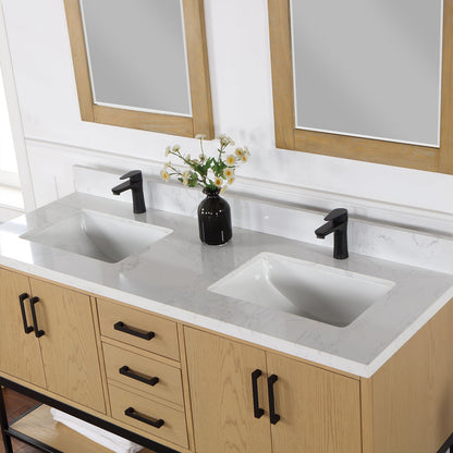 Wildy 60" Double Bathroom Vanity Set in Washed Oak with Grain White Engineered Stone Countertop with Mirror