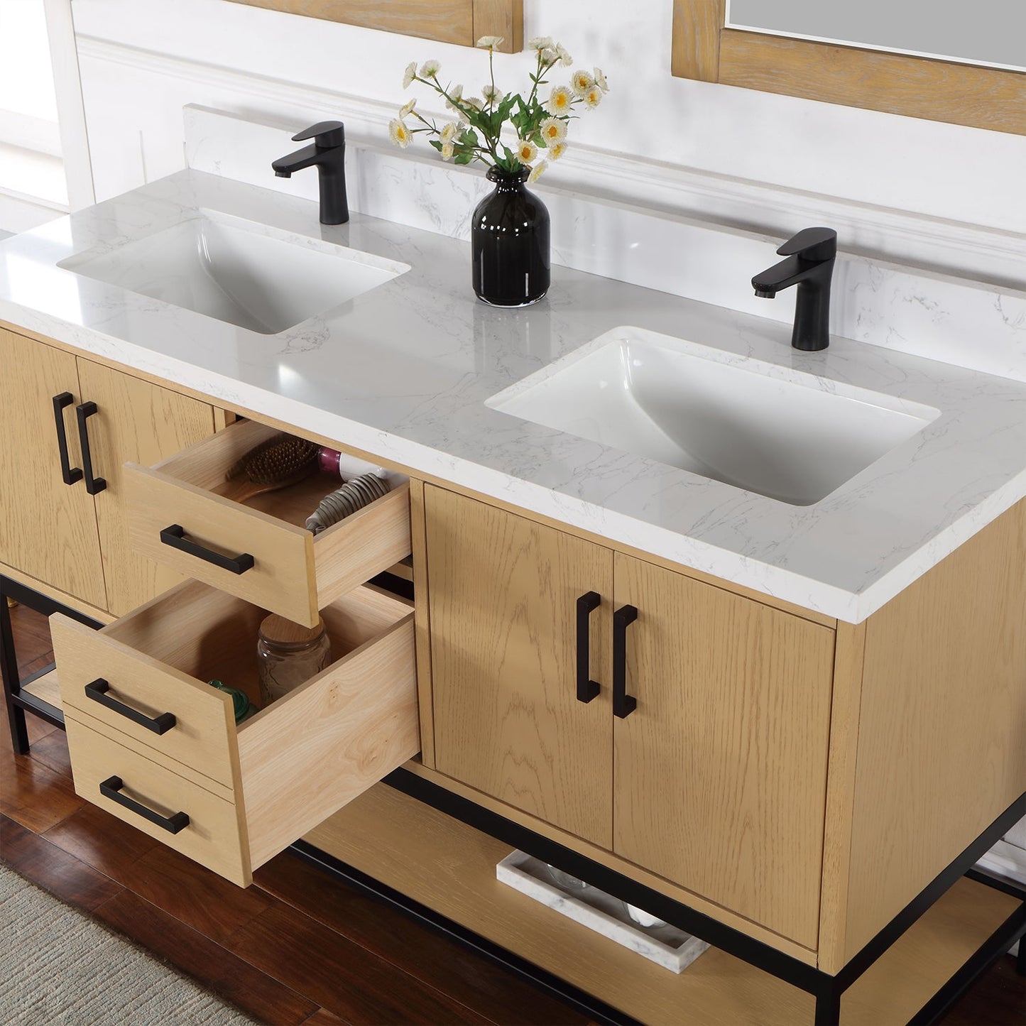 Wildy 60" Double Bathroom Vanity Set in Washed Oak with Grain White Engineered Stone Countertop with Mirror