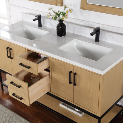 Wildy 60" Double Bathroom Vanity Set in Washed Oak with Grain White Engineered Stone Countertop with Mirror