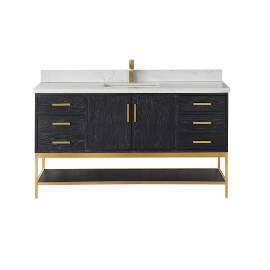 Wildy 60" Single Bathroom Vanity Set in Black Oak with Grain White Engineered Stone Countertop without Mirror
