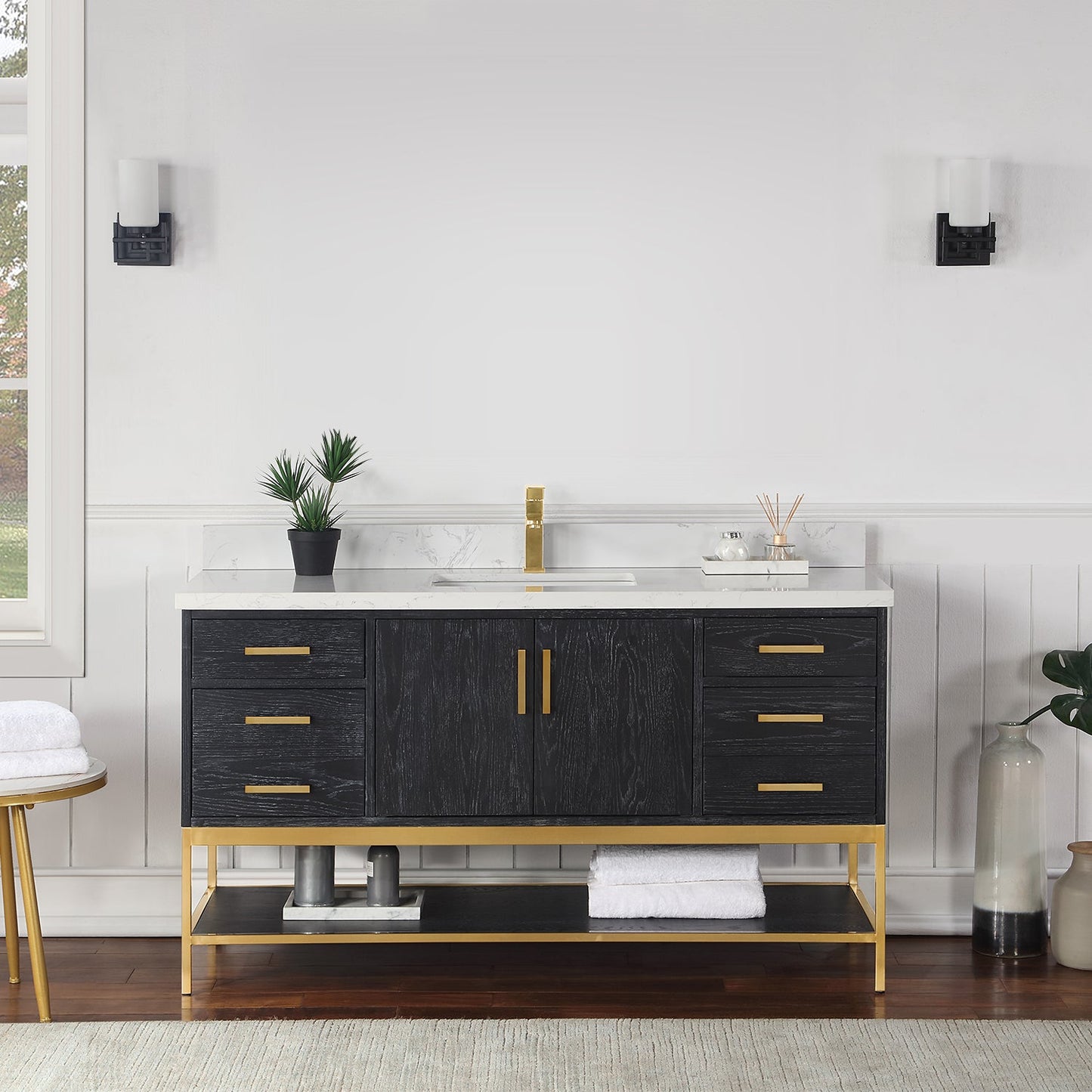 Wildy 60" Single Bathroom Vanity Set in Black Oak with Grain White Engineered Stone Countertop without Mirror