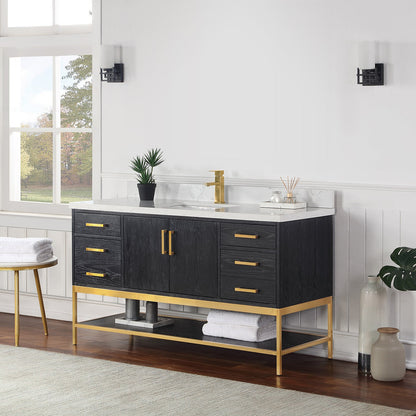 Wildy 60" Single Bathroom Vanity Set in Black Oak with Grain White Engineered Stone Countertop without Mirror
