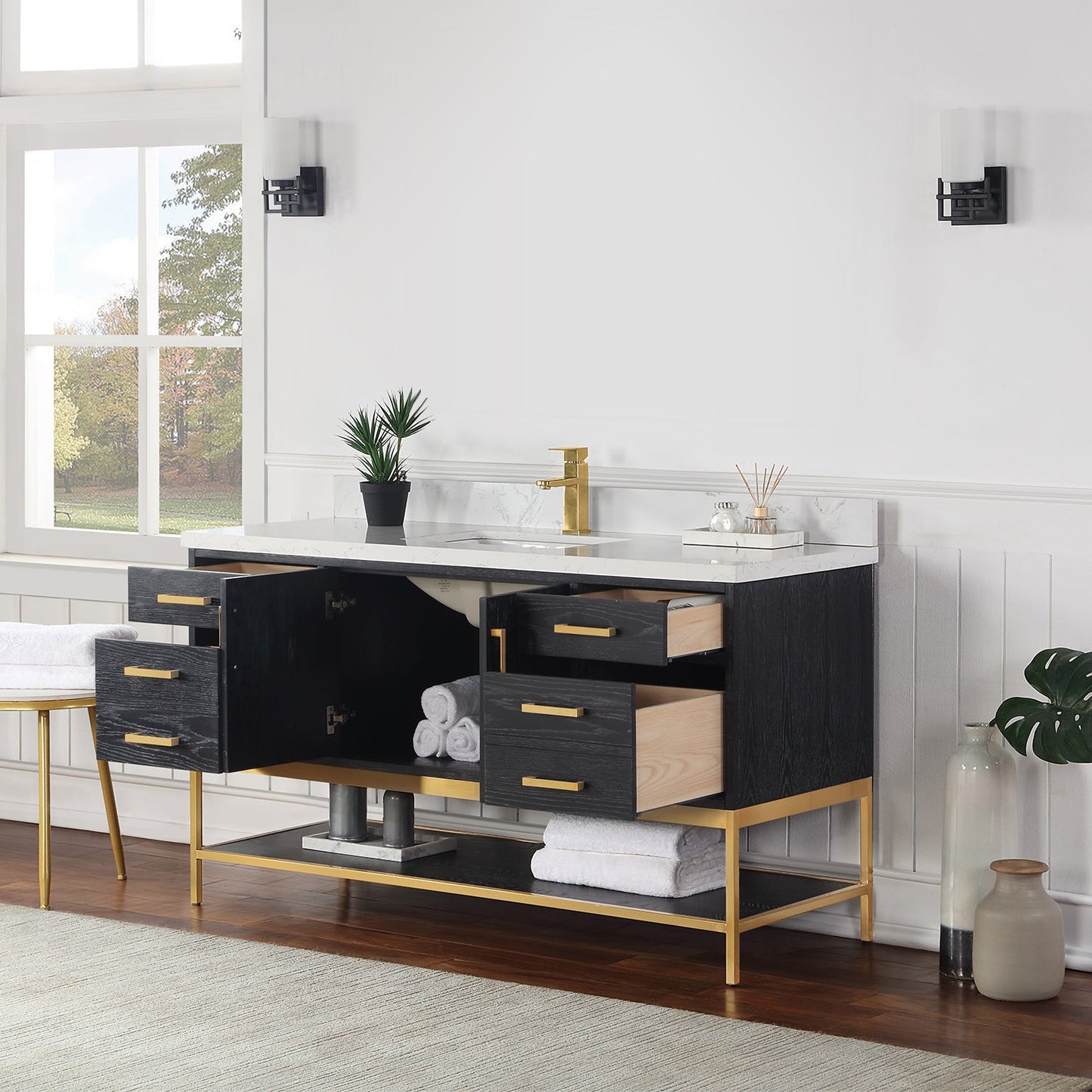 Wildy 60" Single Bathroom Vanity Set in Black Oak with Grain White Engineered Stone Countertop without Mirror