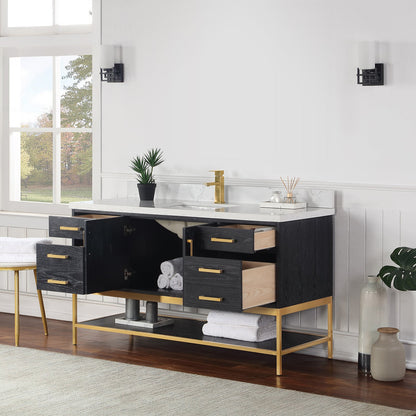 Wildy 60" Single Bathroom Vanity Set in Black Oak with Grain White Engineered Stone Countertop without Mirror
