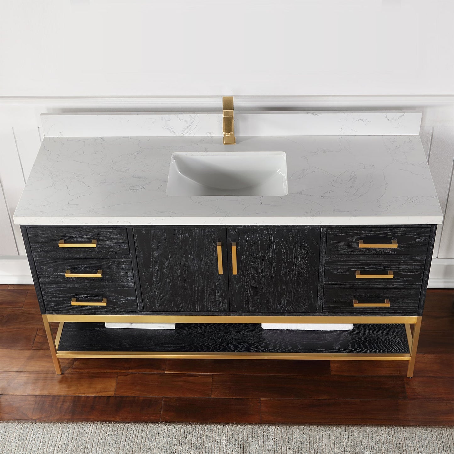 Wildy 60" Single Bathroom Vanity Set in Black Oak with Grain White Engineered Stone Countertop without Mirror