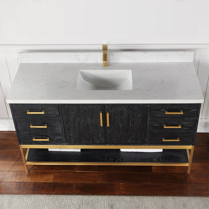 Wildy 60" Single Bathroom Vanity Set in Black Oak with Grain White Engineered Stone Countertop without Mirror