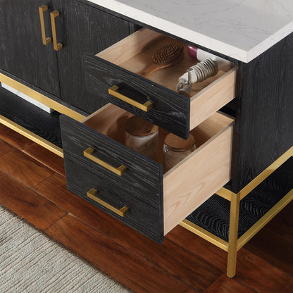 Wildy 60" Single Bathroom Vanity Set in Black Oak with Grain White Engineered Stone Countertop without Mirror