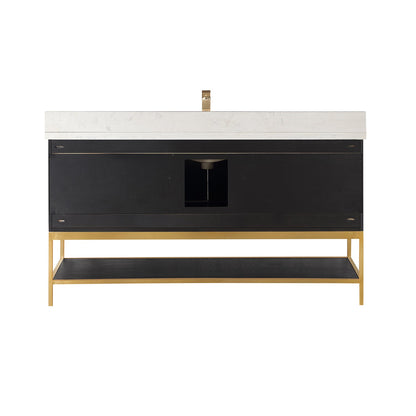 Wildy 60" Single Bathroom Vanity Set in Black Oak with Grain White Engineered Stone Countertop without Mirror
