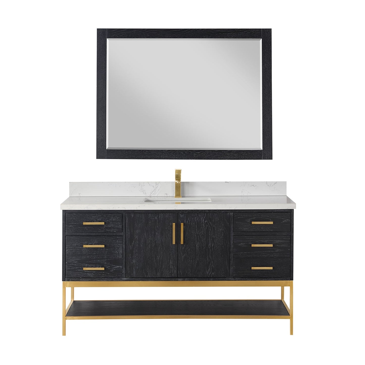 Wildy 60" Single Bathroom Vanity Set in Black Oak with Grain White Engineered Stone Countertop with Mirror