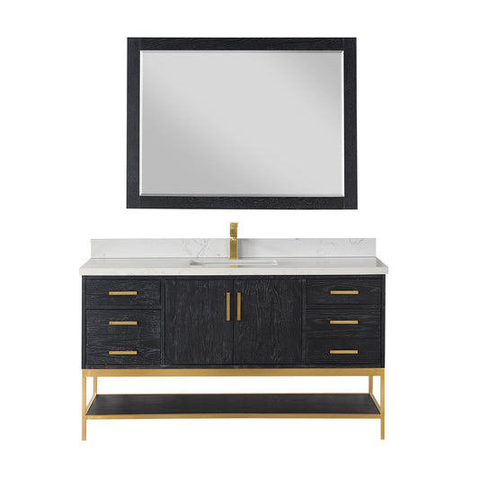 Wildy 60" Single Bathroom Vanity Set in Black Oak with Grain White Engineered Stone Countertop with Mirror