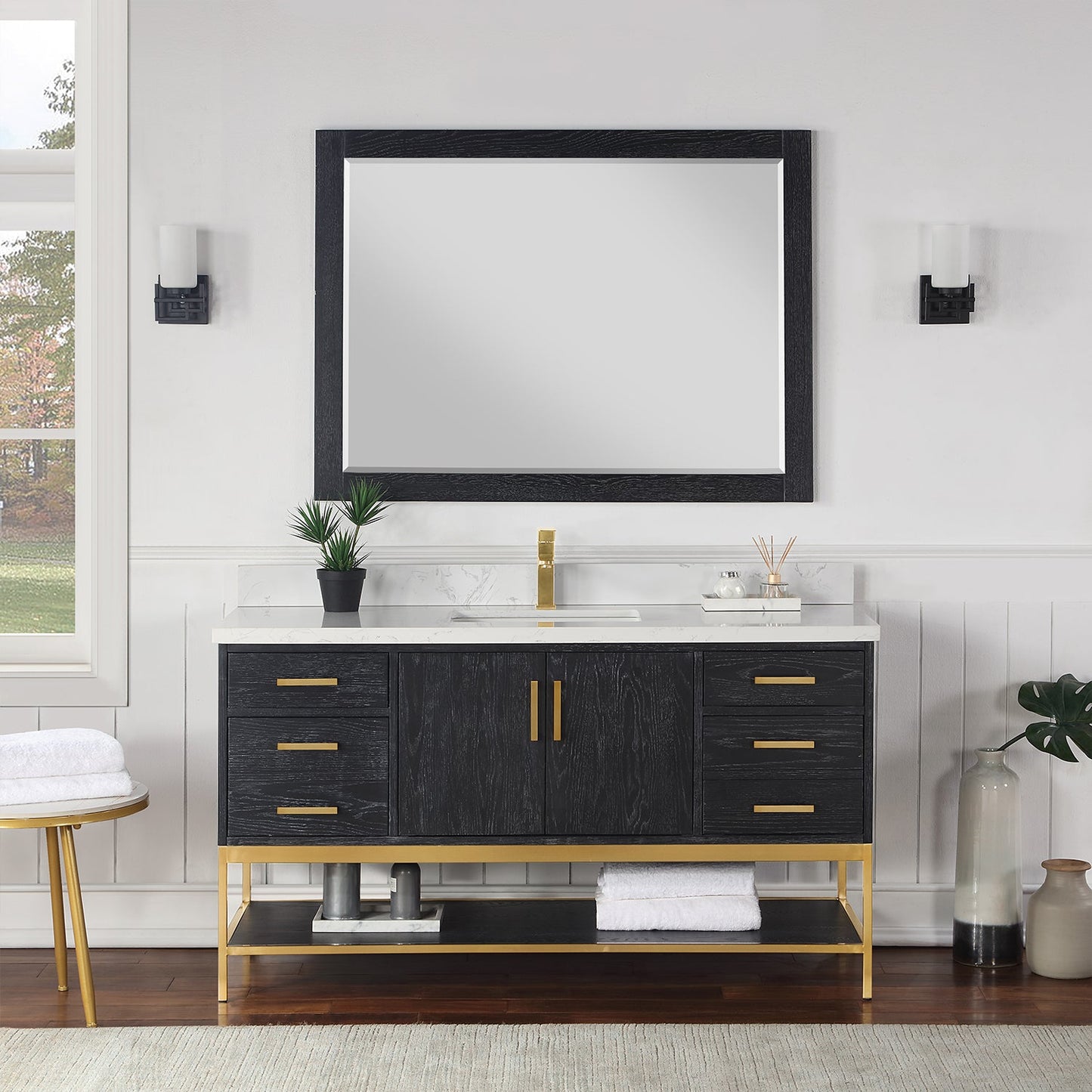 Wildy 60" Single Bathroom Vanity Set in Black Oak with Grain White Engineered Stone Countertop with Mirror
