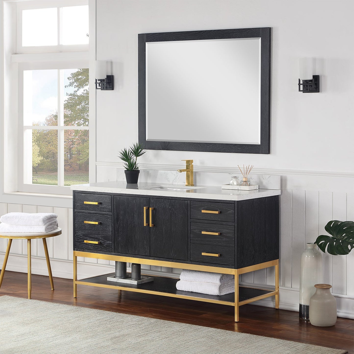 Wildy 60" Single Bathroom Vanity Set in Black Oak with Grain White Engineered Stone Countertop with Mirror