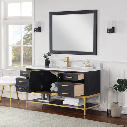 Wildy 60" Single Bathroom Vanity Set in Black Oak with Grain White Engineered Stone Countertop with Mirror