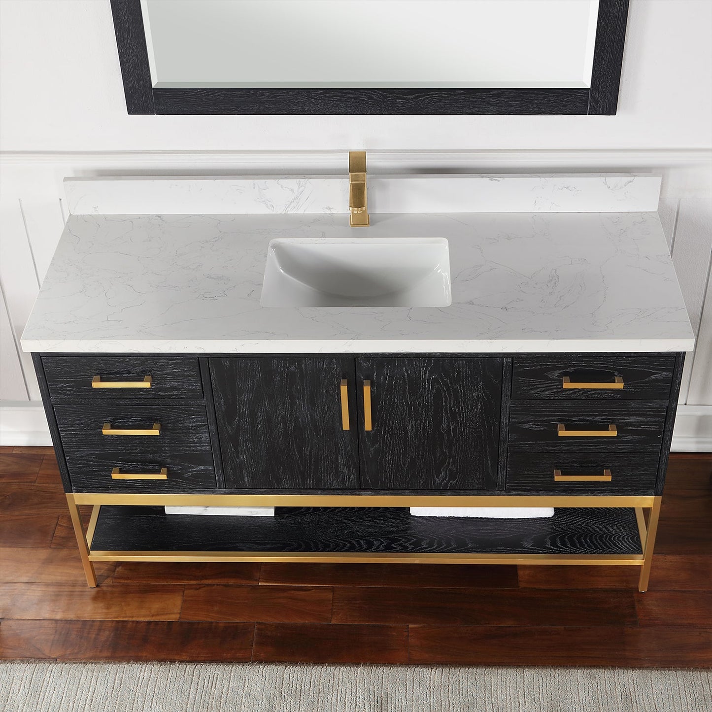 Wildy 60" Single Bathroom Vanity Set in Black Oak with Grain White Engineered Stone Countertop with Mirror