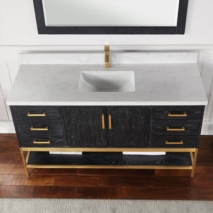 Wildy 60" Single Bathroom Vanity Set in Black Oak with Grain White Engineered Stone Countertop with Mirror