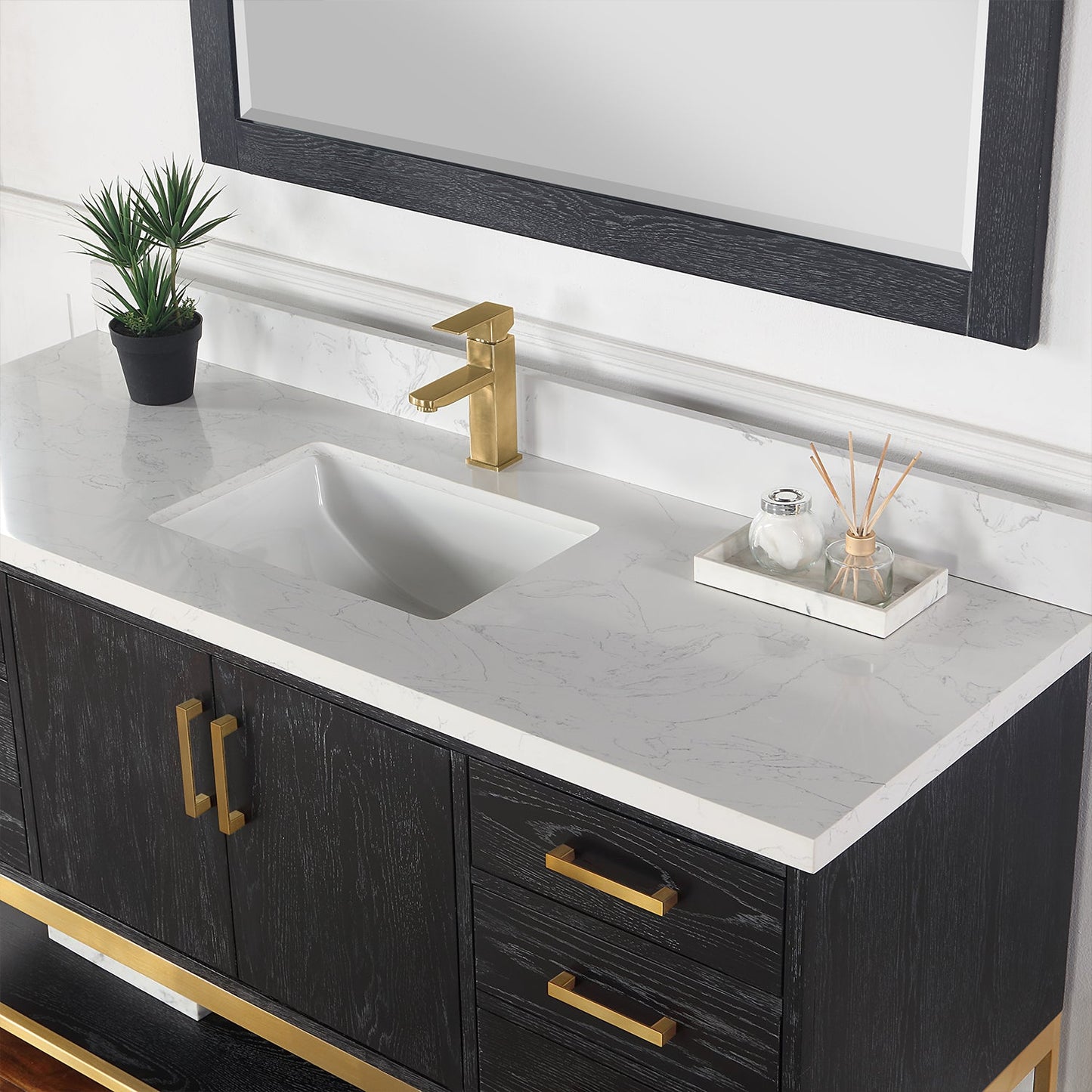 Wildy 60" Single Bathroom Vanity Set in Black Oak with Grain White Engineered Stone Countertop with Mirror