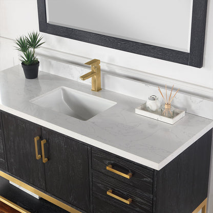 Wildy 60" Single Bathroom Vanity Set in Black Oak with Grain White Engineered Stone Countertop with Mirror