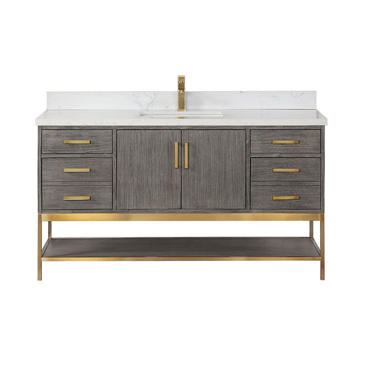 Wildy 60" Single Bathroom Vanity Set in Classical Grey with Grain White Engineered Stone Countertop without Mirror