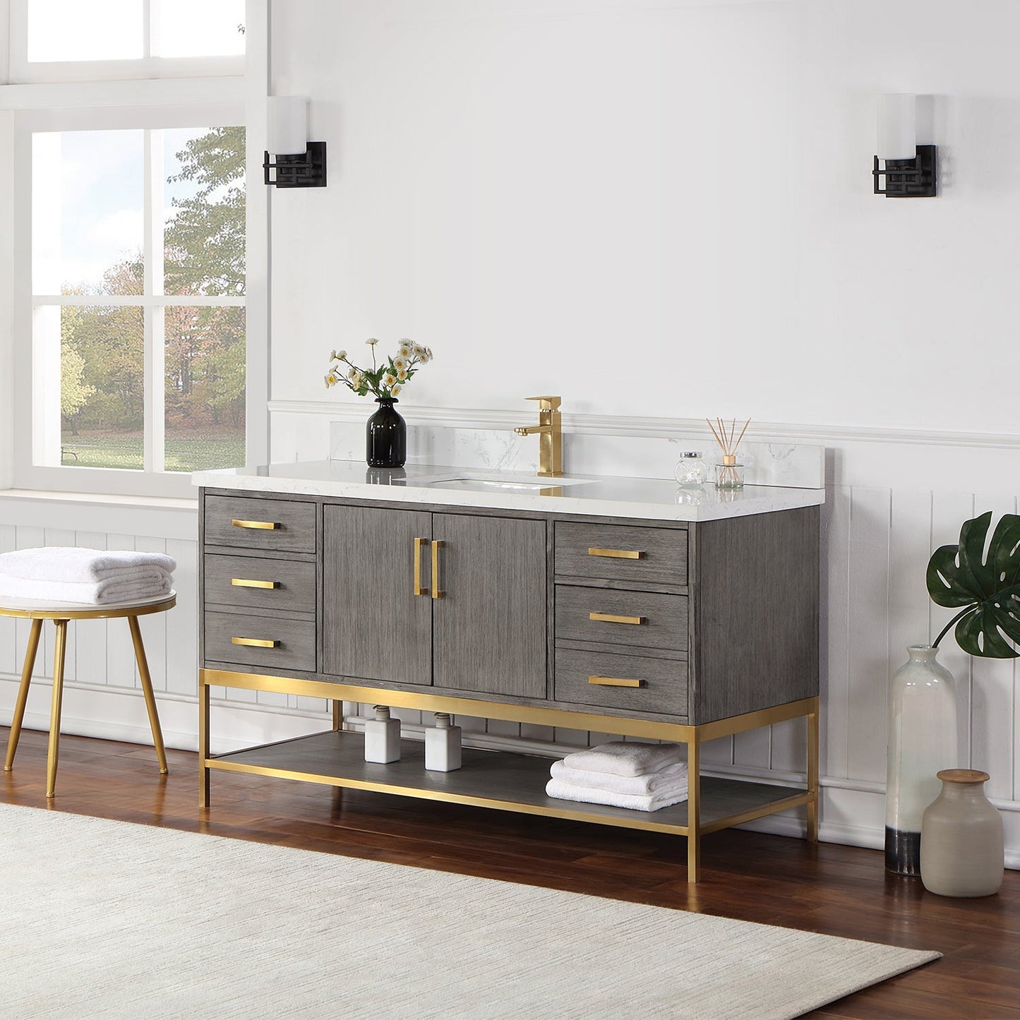 Wildy 60" Single Bathroom Vanity Set in Classical Grey with Grain White Engineered Stone Countertop without Mirror