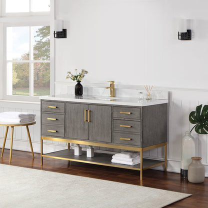 Wildy 60" Single Bathroom Vanity Set in Classical Grey with Grain White Engineered Stone Countertop without Mirror
