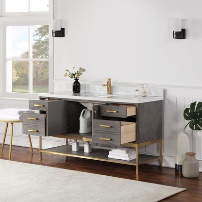 Wildy 60" Single Bathroom Vanity Set in Classical Grey with Grain White Engineered Stone Countertop without Mirror