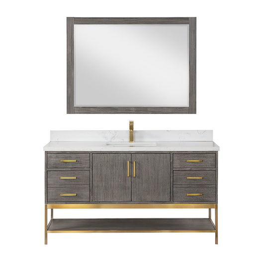 Wildy 60" Single Bathroom Vanity Set in Classical Grey with Grain White Engineered Stone Countertop with Mirror
