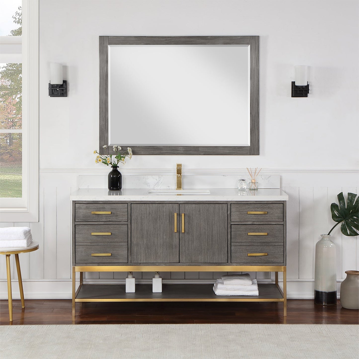 Wildy 60" Single Bathroom Vanity Set in Classical Grey with Grain White Engineered Stone Countertop with Mirror