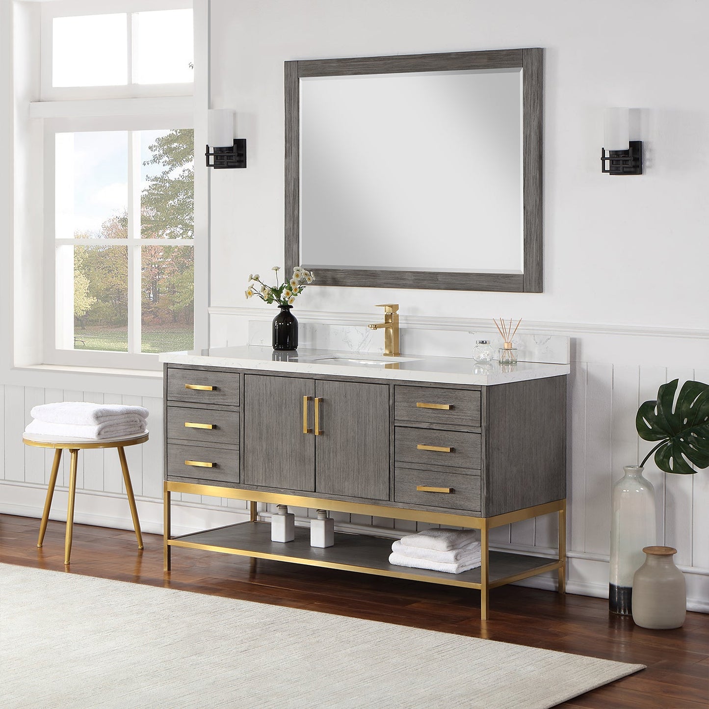 Wildy 60" Single Bathroom Vanity Set in Classical Grey with Grain White Engineered Stone Countertop with Mirror
