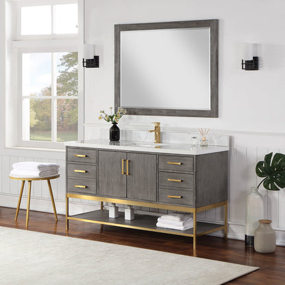 Wildy 60" Single Bathroom Vanity Set in Classical Grey with Grain White Engineered Stone Countertop with Mirror