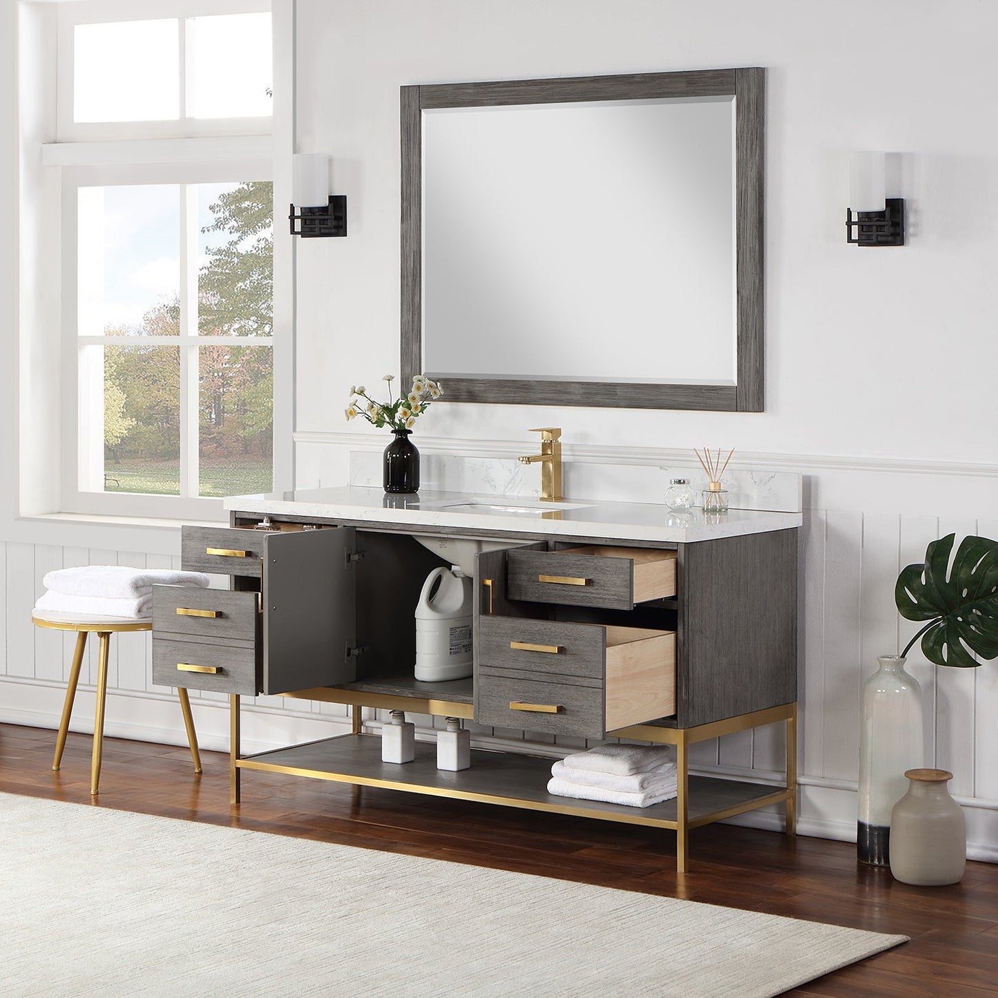 Wildy 60" Single Bathroom Vanity Set in Classical Grey with Grain White Engineered Stone Countertop with Mirror