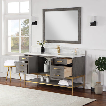 Wildy 60" Single Bathroom Vanity Set in Classical Grey with Grain White Engineered Stone Countertop with Mirror